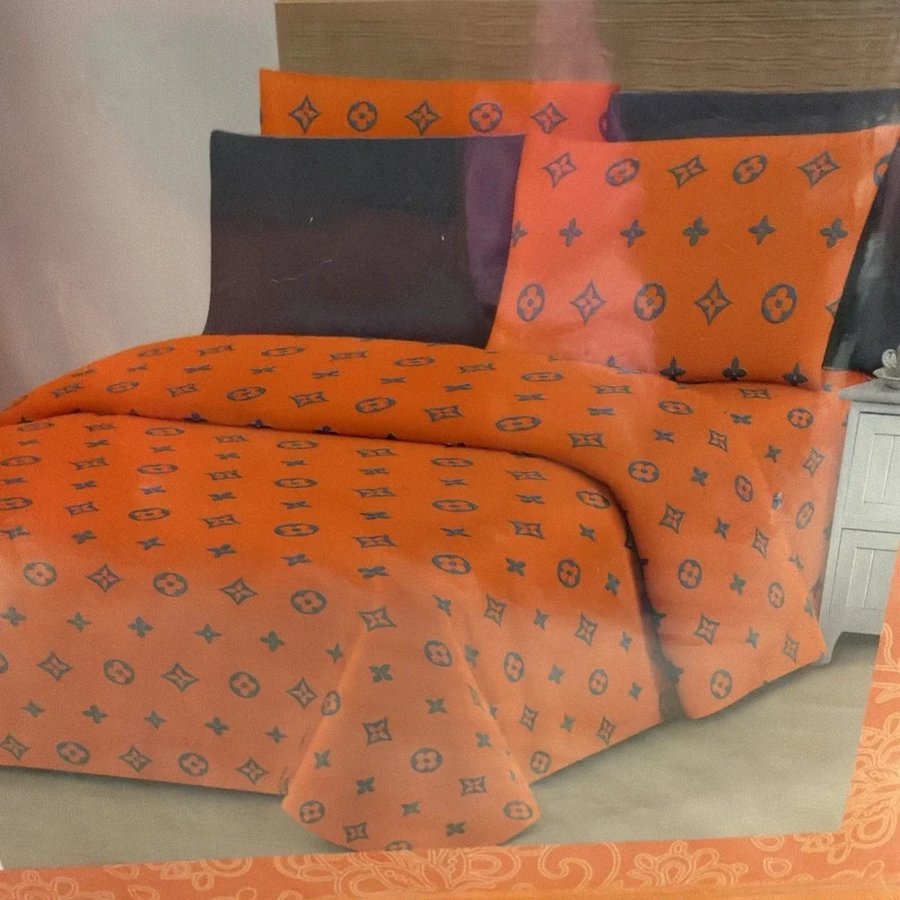 Bamboo‎ Queen Sheet Designer Set Orange Grey Print 6 Piece – 100% Cotton Beaut